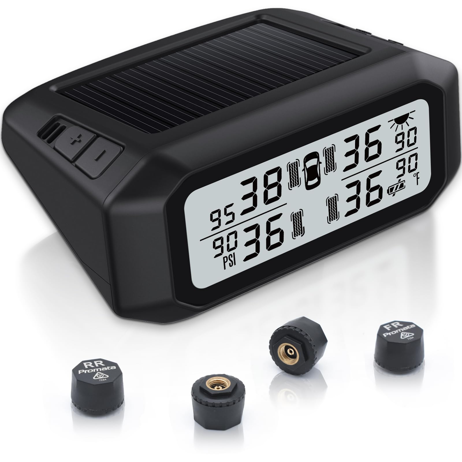 Promata Sistema di monitoraggio della pressione dei pneumatici per camper (0-99 psi/0-8 bar), carica solare e micro USB TPMS, 4 sensori e 6 modalità di allarme, avviso visivo e acustico per roulotte
