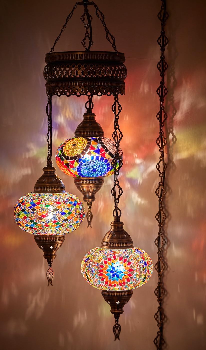 DEMMEX 3 Large Globe Plug-in Turkish Moroccan Mosaic Chandelier, Hanging Lamp, Ceiling Light Fixture with 15ft Cord & Chain for Living Room, Bedroom - Handmade, Customizable, 3.5 ft Drop
