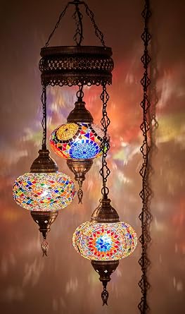 DEMMEX 3 Large Globe Plug-in Turkish Moroccan Mosaic Chandelier, Hanging Lamp, Ceiling Light Fixture with 15ft Cord & Chain for Living Room, Bedroom - Handmade, Customizable, 3.5 ft Drop