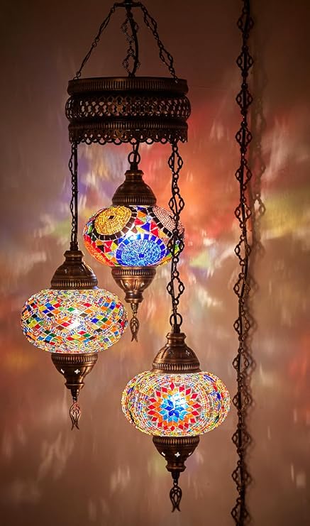 DEMMEX 3 Large Globe Plug-in Turkish Moroccan Mosaic Chandelier, Hanging Lamp, Ceiling Light Fixture with 15ft Cord & Chain for Living Room, Bedroom - Handmade, Customizable, 3.5 ft Drop