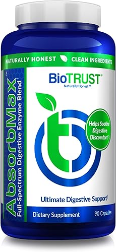 BioTrust AbsorbMax Mezcla de enzimas digestivas de amplio espectro, sin gluten, sin OMG, ayuda digestiva para la digestión de nutrientes, absorción