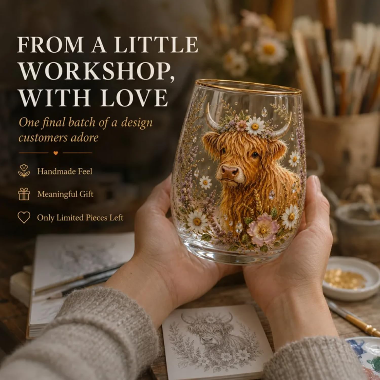 Highland Beauty Glas, handbemalte Highland-Kuh-Schönheits-Glasbecher, lustiges Highlandcow-Gläser-Geschenk-Set, Trinkglas für den täglichen Gebrauch und bedeutungsvolle Urlaubsgeschenke (3 Stück)