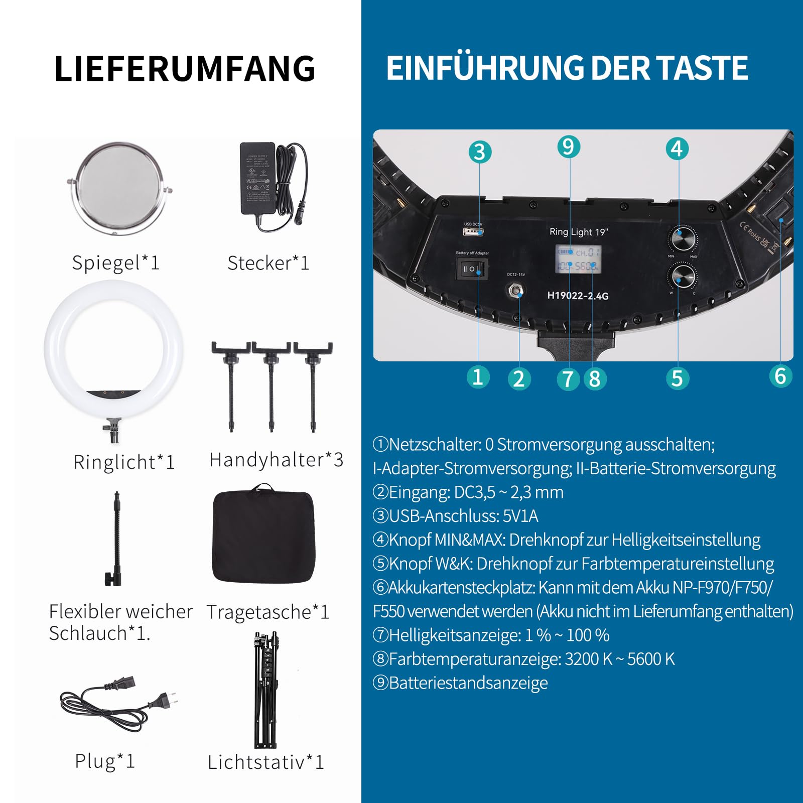 19-Zoll-LED-Ringlichtset, verwendet für Studioporträtfotografie, Selfies, YouTube-Videos, Live-Übertragungen, Augenbrauen-Tattoos, Wimperntransplantation, Tätowierungen, Schönheit, Make-up