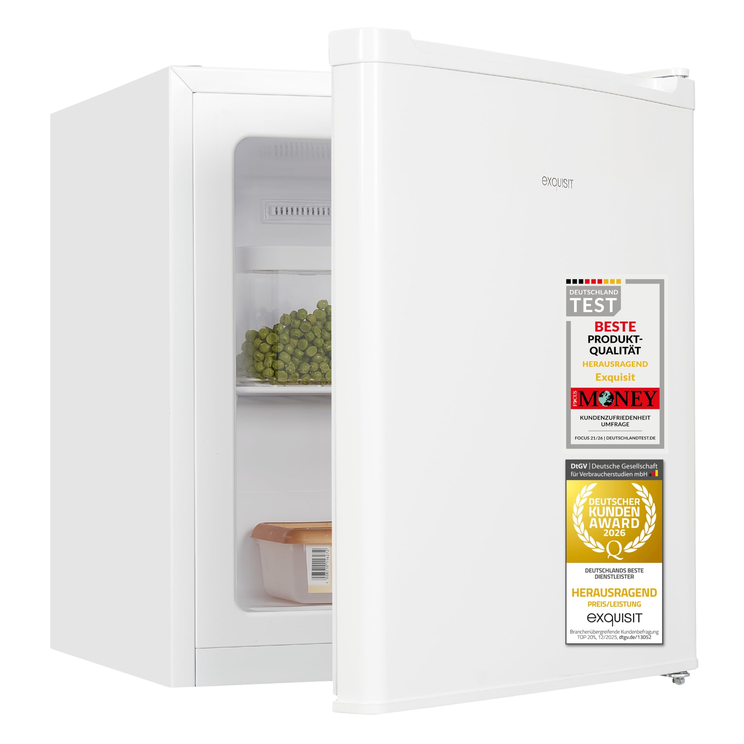 Exquisit GB505-040E Mini Gefrierschrank - 33l Tiefkühlschrank Weiß | 4 Sterne Fach - 2,4 kg Gefriervermögen - Leise 40dB - Wechselbarer Türanschlag - Maße 51 x 44 x 47,5 cm - Kleiner