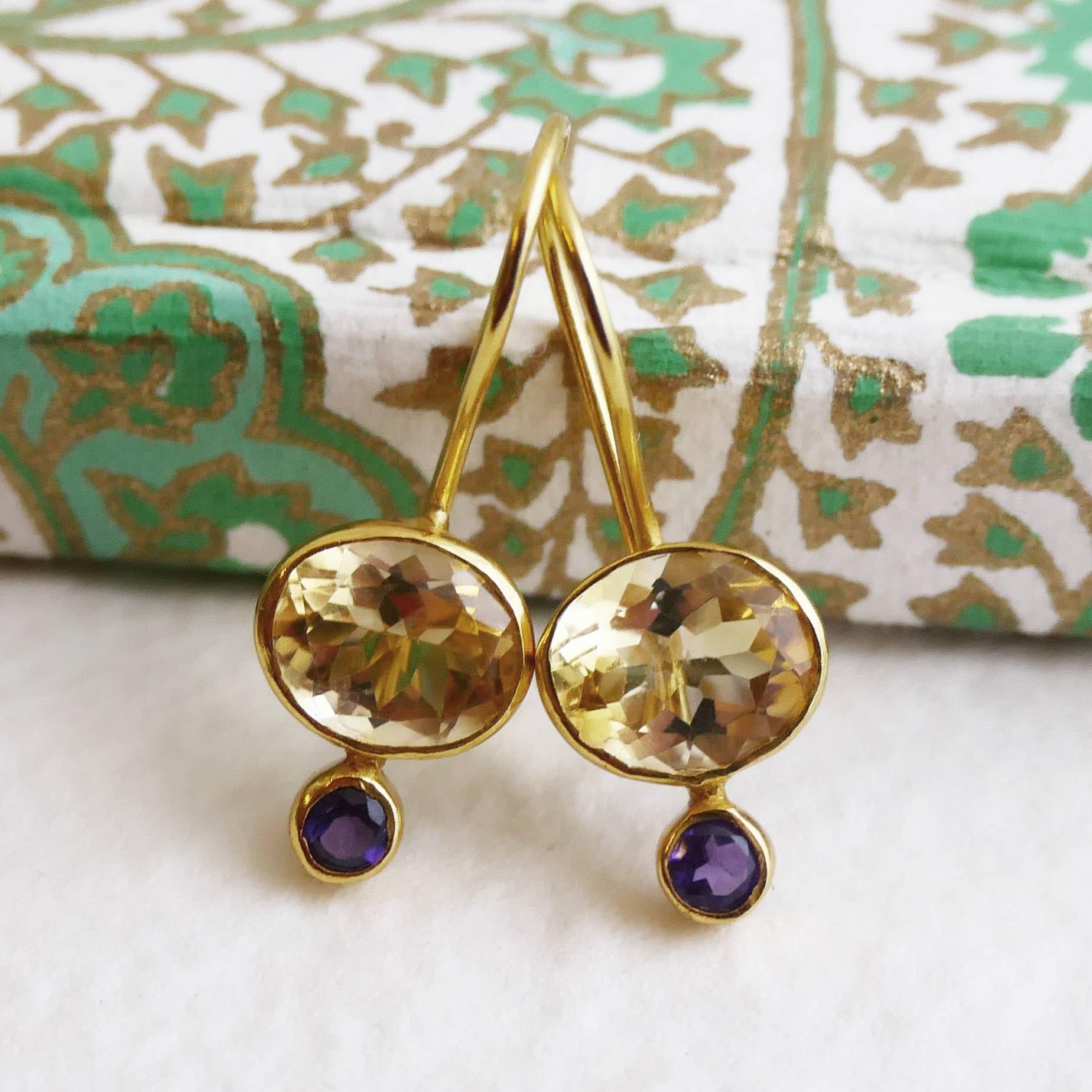 Orecchini in Argento Sterling Placcato Oro con Citrino e Ametista | Gioiello Elegante con Pietre Naturali per Look Raffinati e Luminosi