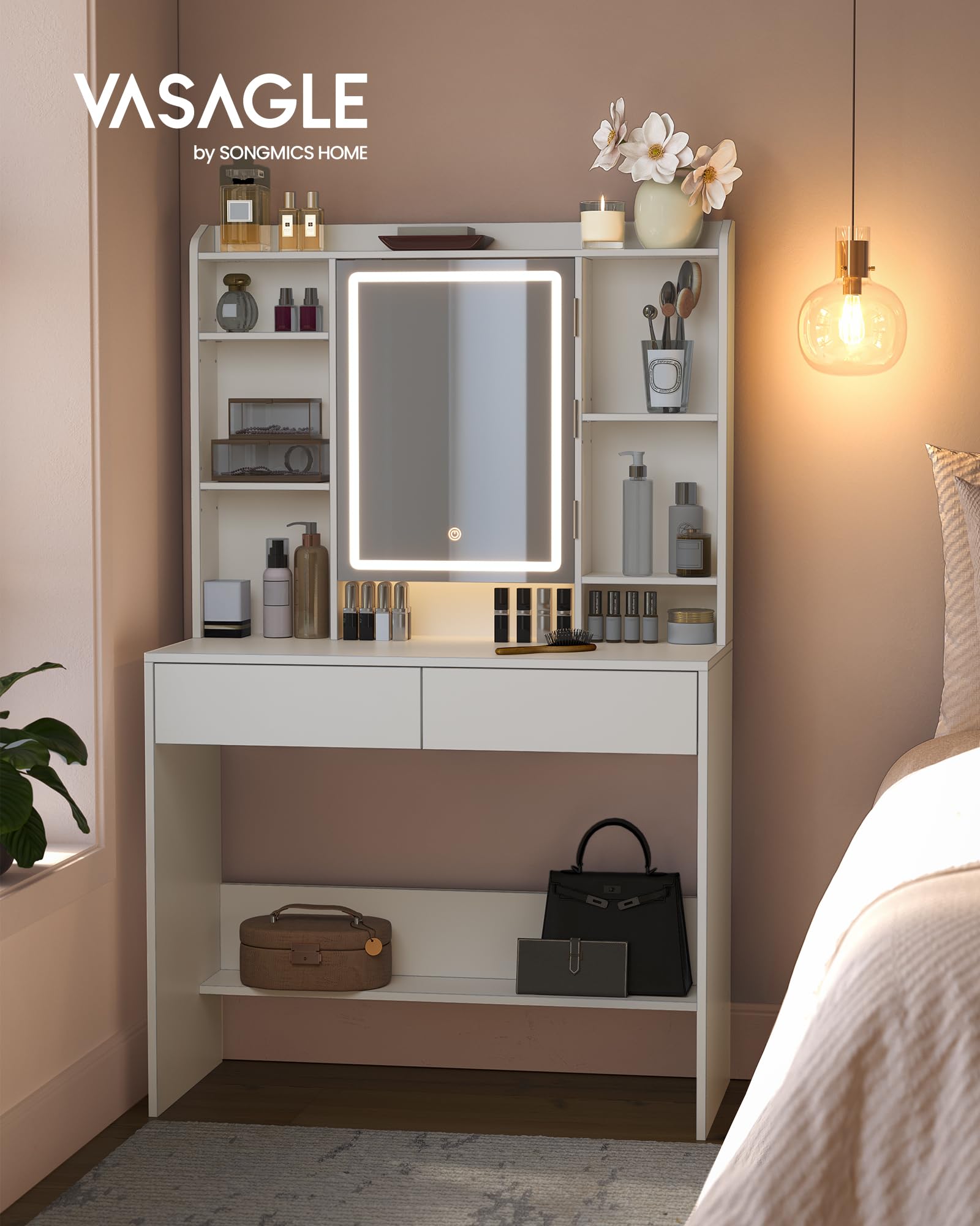 VASAGLE KAILYN Collezione - Toeletta con Luci LED 3 Colori con Luminosità Regolabile, Tavolo da Trucco con Specchio, Ripiani Regolabili, 2 Cassetti, Postazione Trucco, Bianco RDT123WB01