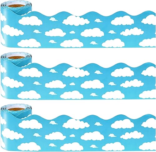 Bordes de tablón de anuncios de 99 pies con diseño de nubes blancas y cielo azul, borde festoneado para pizarra blanca, decoración de bordes de aula