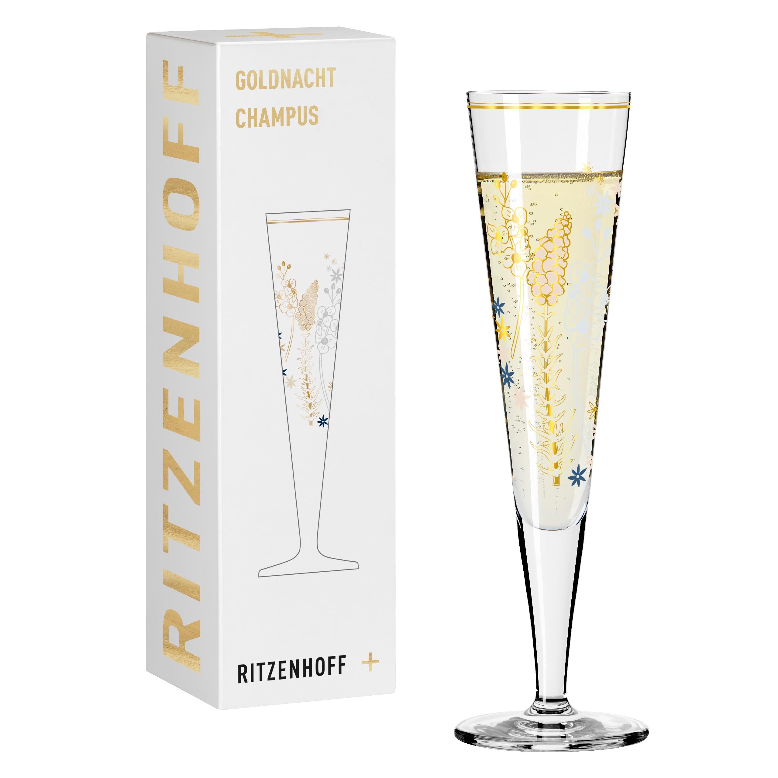 Ritzenhoff Silver, Gold 1071037 Champagne Glass 200 Ml - Goldnacht Series No. 37 - Edelweiss Motif With Real Gold - Made In Germany