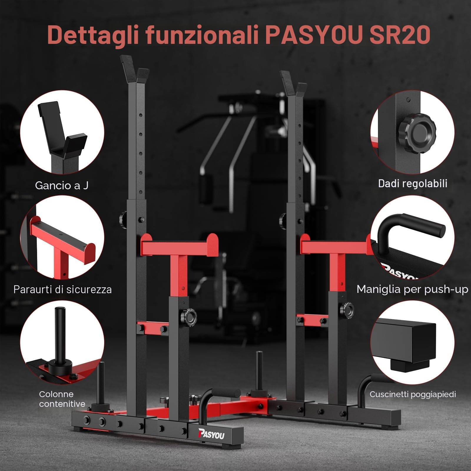 PASYOU Squat Rack Palestra, Rack Palestra Multifunzione Porta Bilancieri Regolabile, Supporto Bilanciere Multifunzione, Max 250 KG