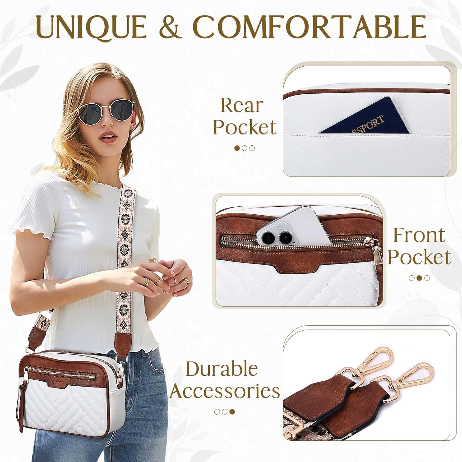 VASCHY Crossbody Purse Bags Women, Trendy Vegan Leather Quilted Chevron Small Shoulder Bag with Detachable Guitar Strap