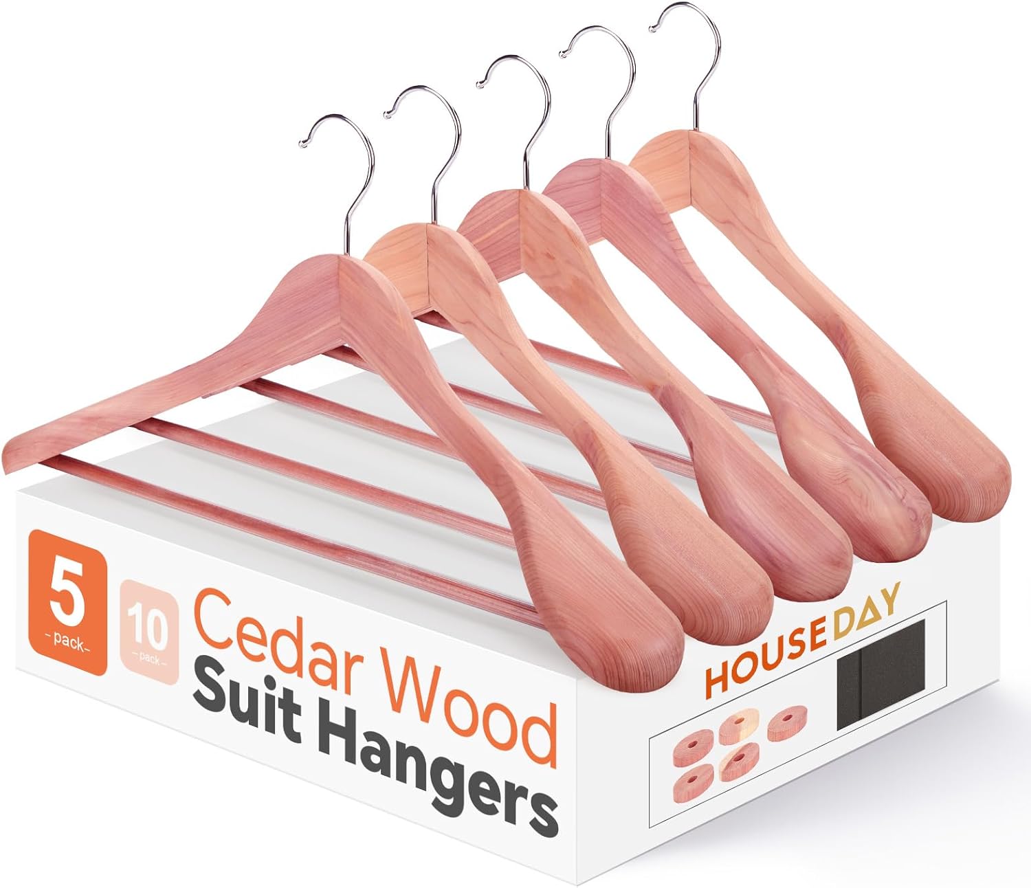 HOUSE DAY Wide Shoulder Cedar Hangers for Suits and Coats with Non Slip Pant Bar,360° Swivel Hook, Smooth Finish Cedar Wood Hangers for Closet, Closet Essentials, 5 Pack