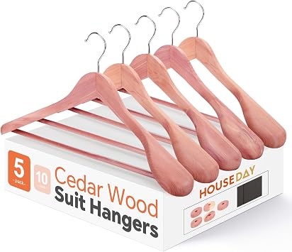 HOUSE DAY Wide Shoulder Cedar Hangers for Suits and Coats with Non Slip Pant Bar,360 Swivel Hook, Smooth Finish Cedar Wood Hangers for Closet, Closet Essentials, 5 Pack