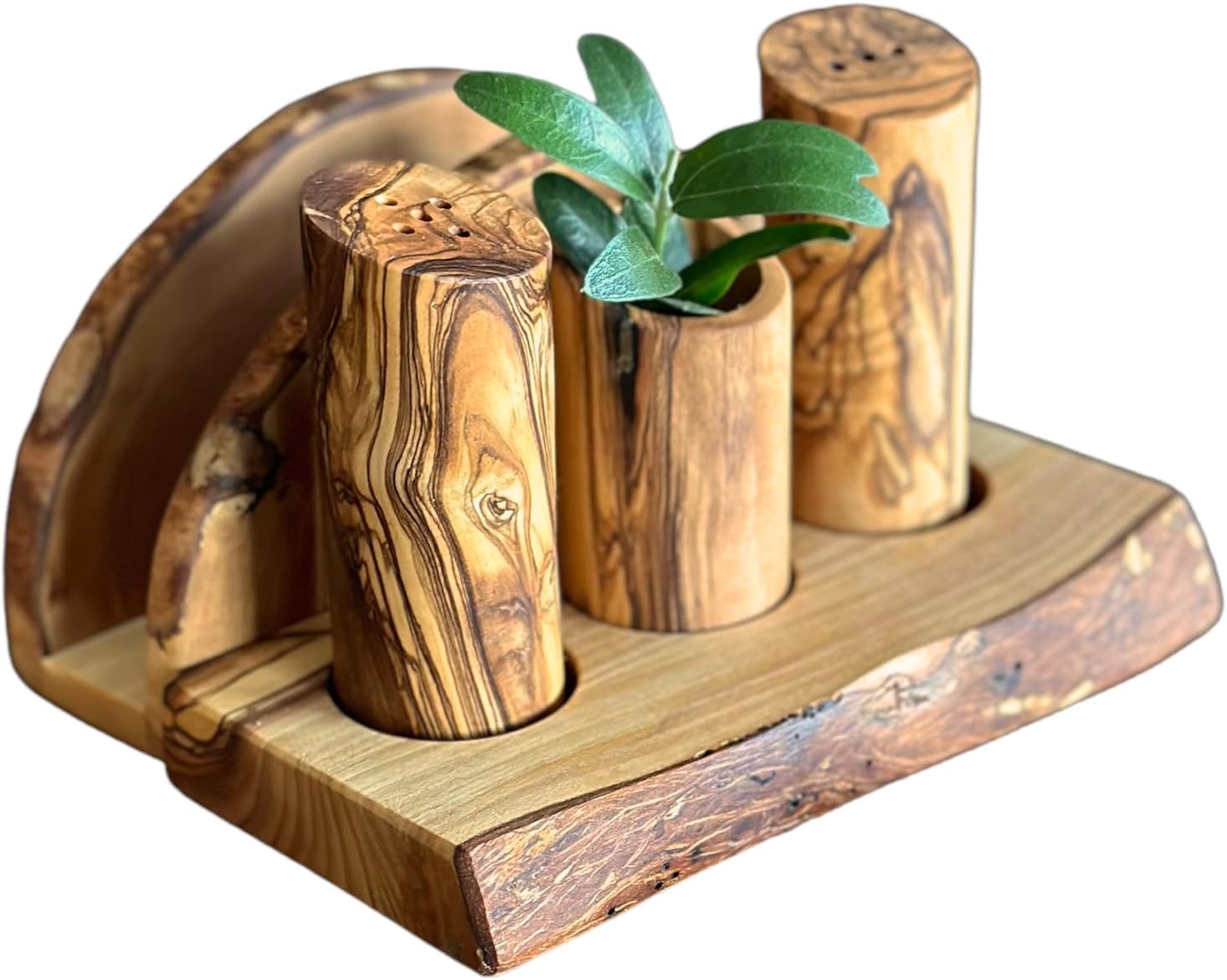 Olive Wood Salt & Pepper Shaker Set with Napkin Holder and Stand - Stylish and Functional Tabletop Accessory