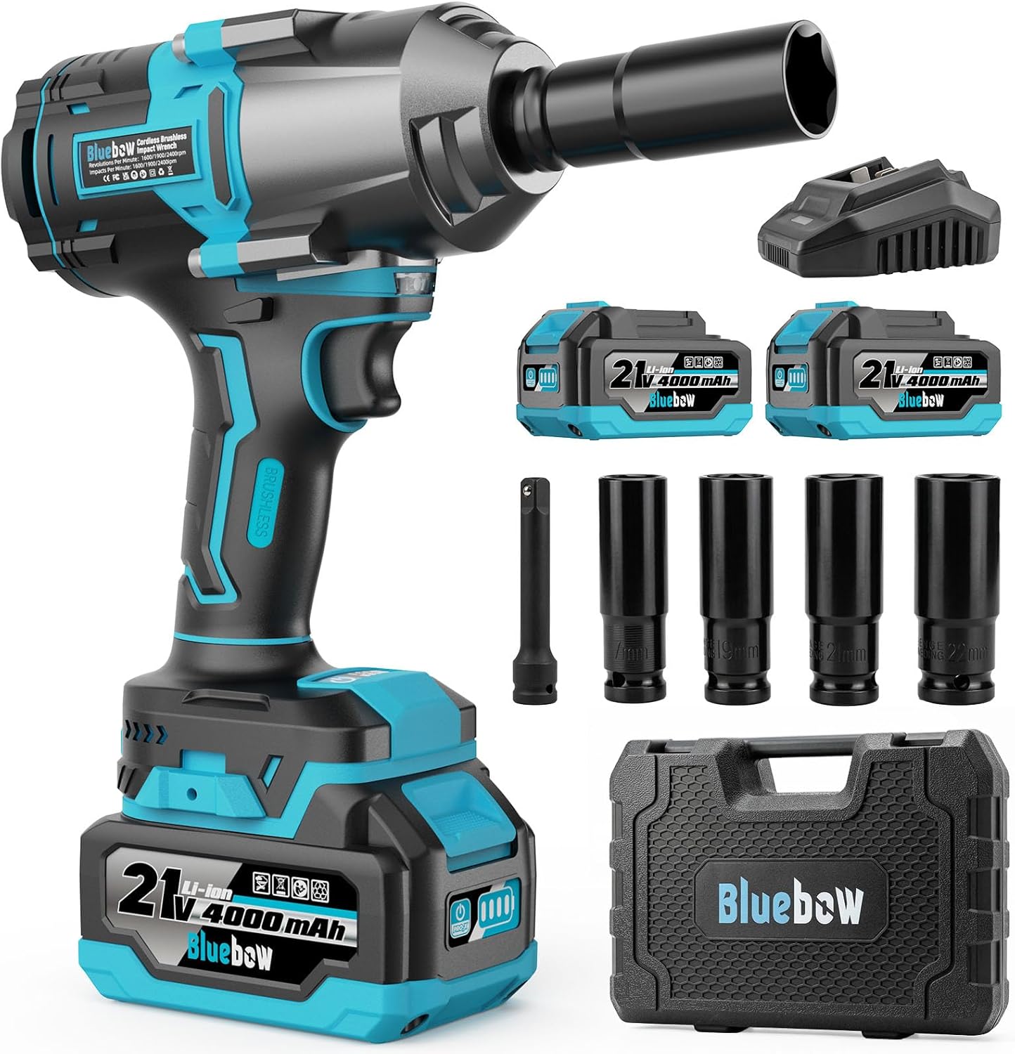 Cordless Impact Wrench, 737.5 ft-lbs (1000 N·m) Brushless Impact Wrench with 2x4.0Ah Battery, 1/2" 3-Speed Modes Impact Gun with 4 Sockets for Pickup, Truck, Home Car
