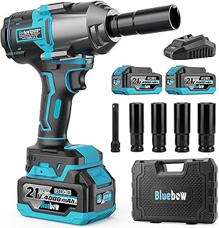 Bluebow Cordless Impact Wrench, 737.5 ft-lbs (1000 N·m) Brushless Impact Wrench with 2x4.0Ah Battery, 1/2" 3-Speed Modes Impact Gun with 4 Sockets for Pickup, Truck, Home Car