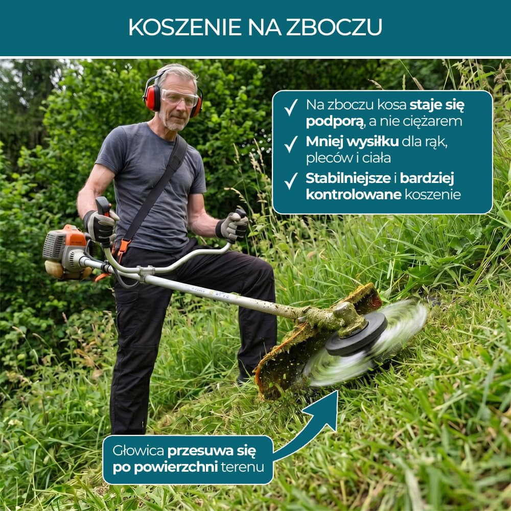 Innowacyjna głowica tnąca KOSSIKA z talerzem ślizgowym do szybszego koszenia z mniejszym wysiłkiem – do wysokiej trawy, pokrzyw i jeżyn oraz stabilniejszego koszenia na zboczu