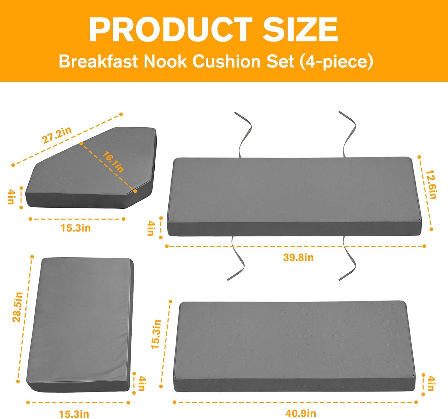 4-Piece Breakfast Nook Cushion Set, Water-Resistant & Removable Covers Breakfast Dining Nook, High-Density Foam Includes Straps Fits Corner Bench & Dining Set (Grey)