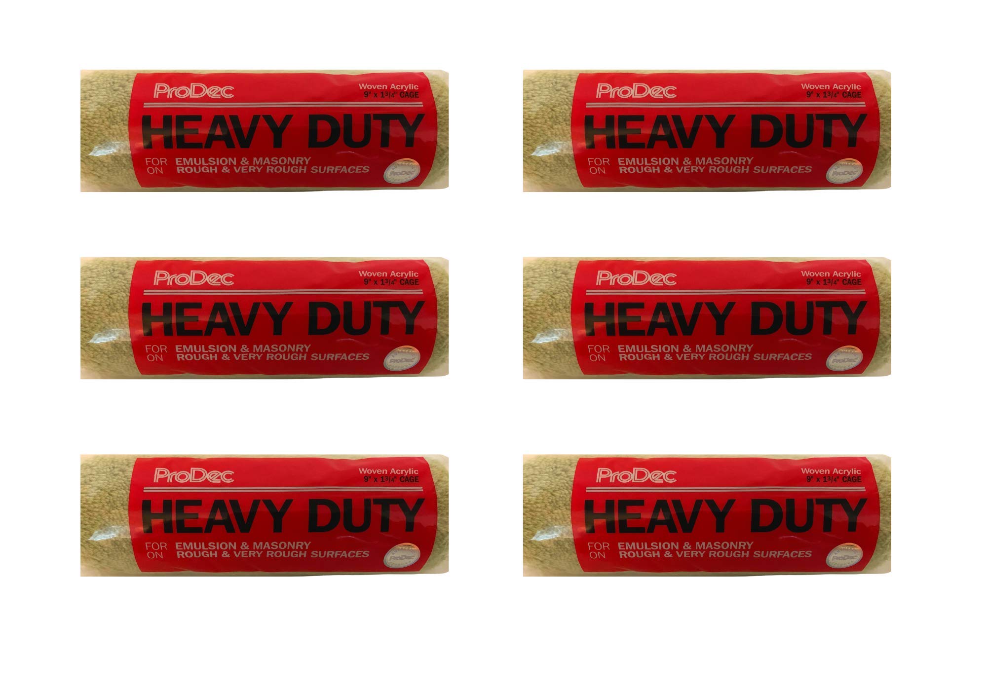 Prodec 9" X 1.75" Inch Heavy Duty Long Pile Masonry Roller Sleeves Covers Refill Heads For Rough And Semi Smooth Surfaces, Timber,Artex,Emulsion And Gloss Paint - 6 Pack