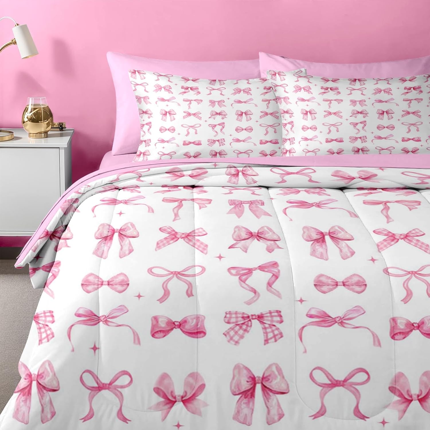Nesker Bow Comforter Set Queen Size, 7 Pieces Bed in a Bag, Pink Bow Bedding Set for Girls, Ribbon Bowknot Comforter Set with 2 Pillowcase & 2 Sham