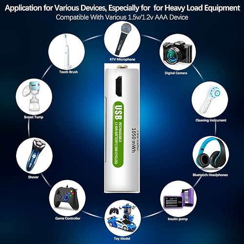 Miniatura 6 de AAA Baterías recargables 4 paquetes+cable, iones de litio 1050 mWh 1.5V batería AAA, 1200 ciclos para cepillo de dientes control remoto juguetes