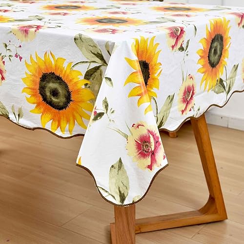 Mantel de vinilo pequeño con diseño de girasol de 47 x 60 pulgadas, mantel rectangular impermeable con reverso de franela, mantel floral de plástico