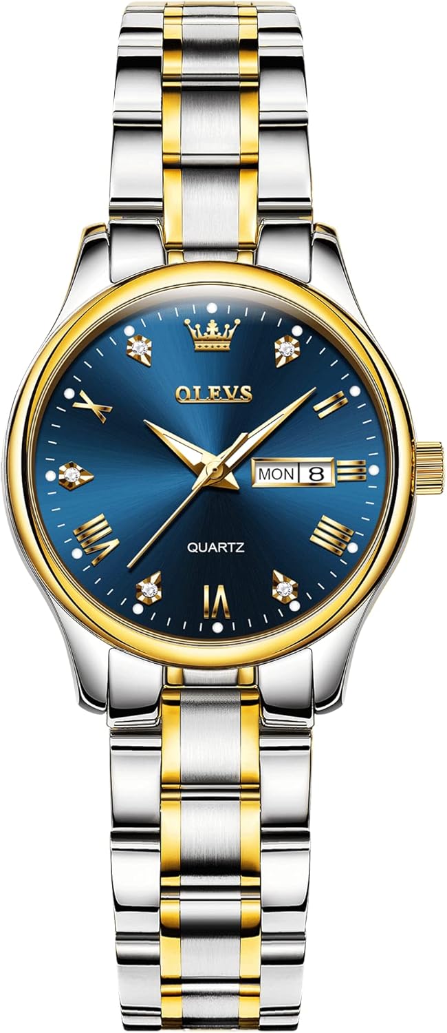 OLEVS Women's Stainless Steel Watch, Luxury Gold Silver Two Tone Easy to Read Analog Quartz Dress Watch for Women, Elegant Waterproof Luminous Calendar Date Ladies Watches for Small Wrists