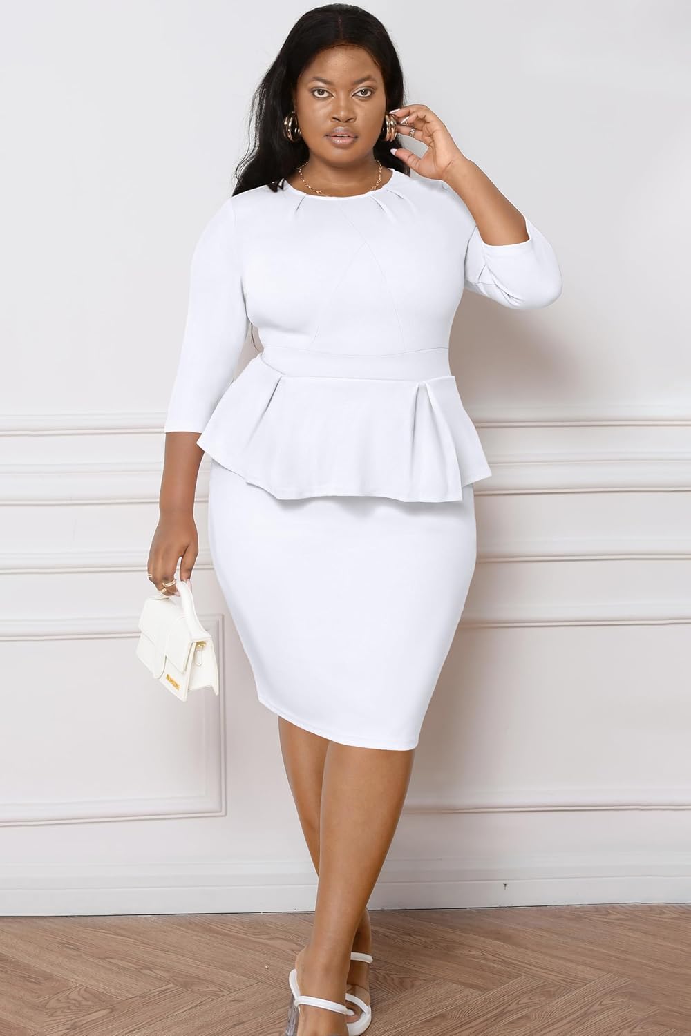 Runwind Womens Plus Size Dress - Work Business Professional Office Vintage Peplum 3/4 Sleeve Pencil Dresses - Image 3