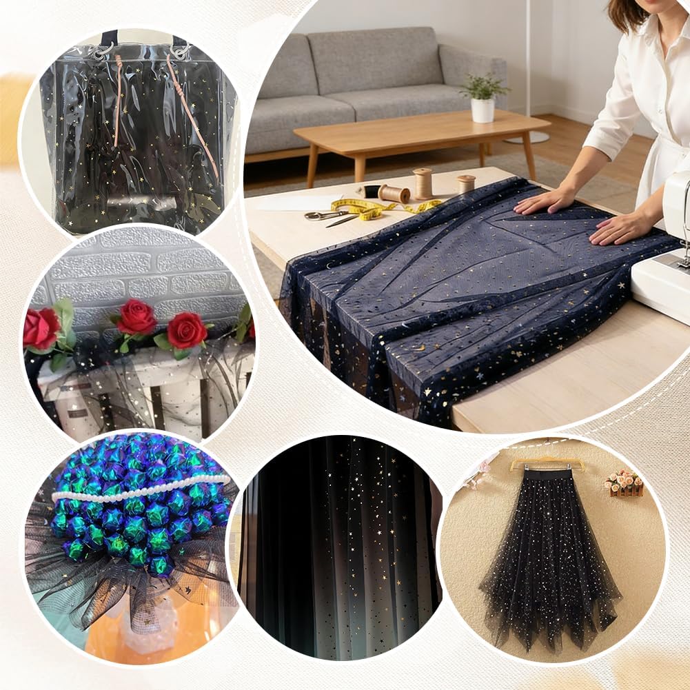 PH PandaHall 10 Yards Glitter Tulle Fabric with Star Moon Pattern 59" Wide Polyester Sheer Fabric for Tutu Skirts Making DIY Craft Wedding Party Backdrop Halloween Decoration, Marine Blue
