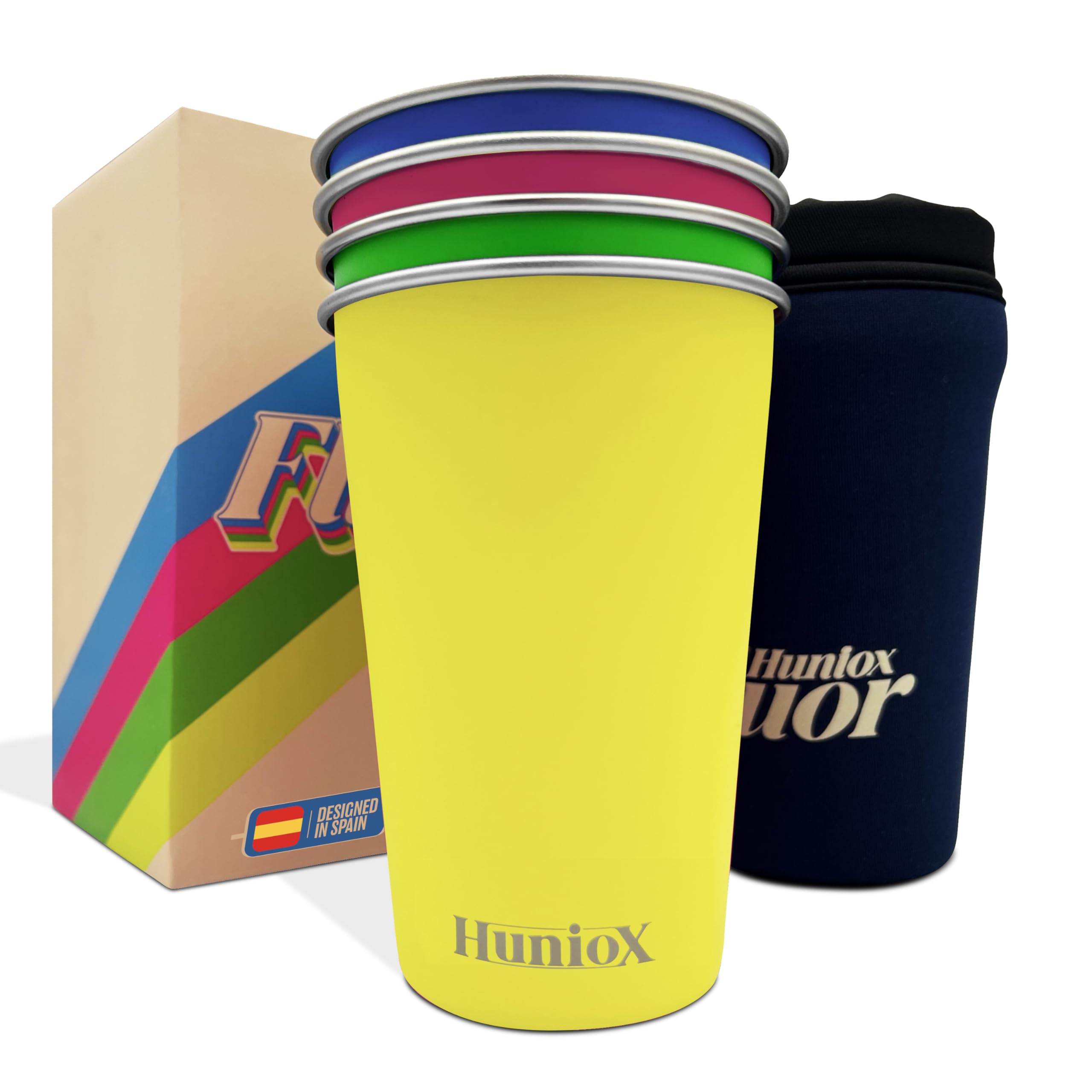 Huniox® Stainless Steel Cups - Camping Glasses - Stainless Steel Mug 500 ml - Camper Cup - Colourful Mug 0 5 - Outdoor Tableware Stainless Steel (FLUOR, 350 ML)