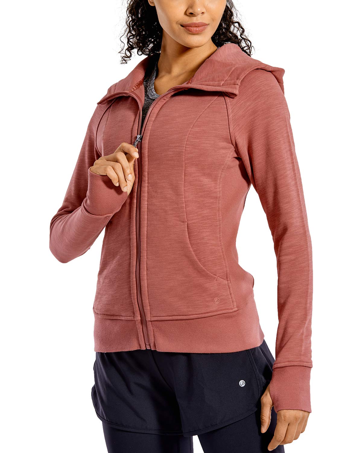 CRZ YOGA Women's Cotton Hoodies Sport Workout Running Full Zip Hooded Jackets Sweatshirt with Thumb 