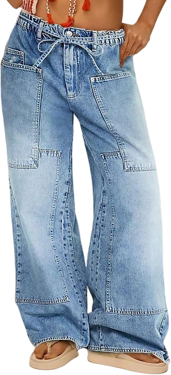 EZAPINE Pantalones vaqueros de pierna ancha para mujer, elásticos, cintura media, cinturón holgado, pantalones vaqueros sueltos, casuales, novio Y2K, pantalones de mezclilla con bolsillos