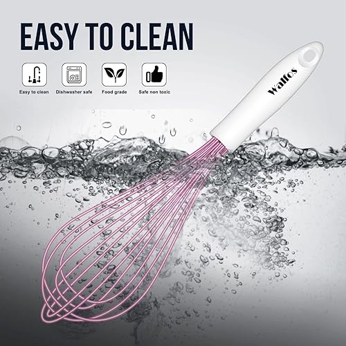 Miniatura 7 de Walfos Batidor de silicona para cocinar y hornear, batidor rosa con revestimiento de goma antiarañazos para Wisk antiadherente, batidor de huevo de