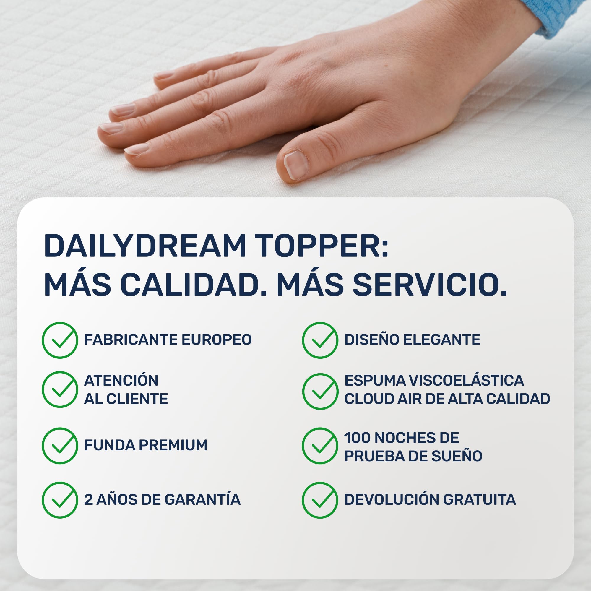 Dailydream Topper Viscoelástico, Memory Foam, 80x200 cm, 7 cm | Edición Pure, H1/2, sobrecolchón viscoelástico con funda lavable, base antideslizante y correas elásticas.