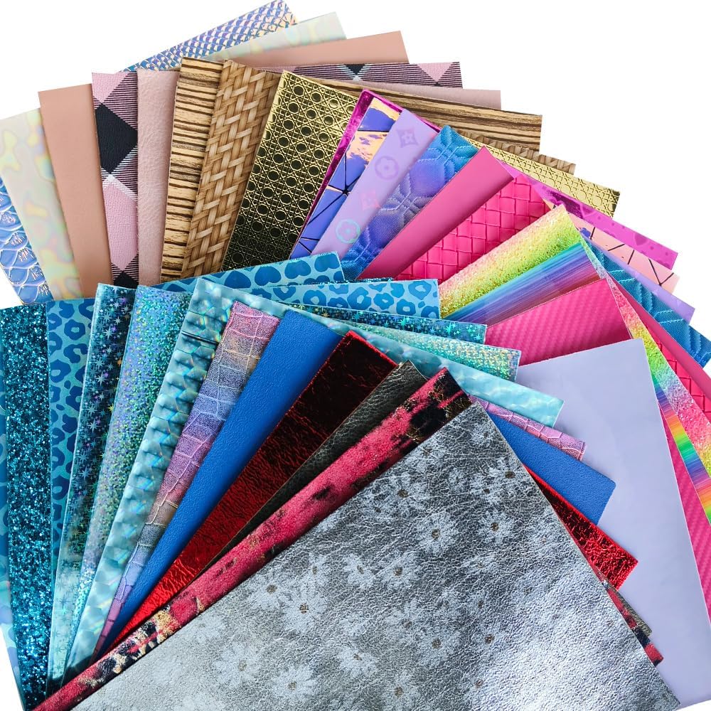XHT Random Faux Leather Sheets 30 Pcs 8x12 Inch Holographic Embossed Textured Synthetic Leather for DIY Handicraft Boes Jewelry Keychains Making