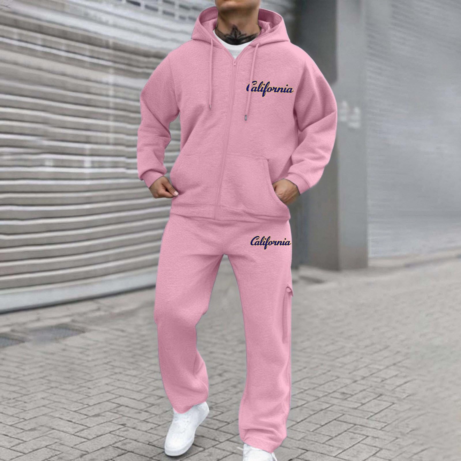 Tuta da jogging da uomo, 2 pezzi, tinta unita, stile rilassante