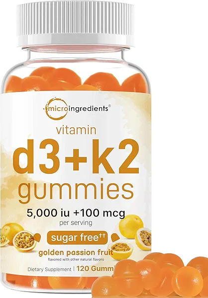 Vitamin D3 K2 Gummies | 5,000 IU D3 + 100 mcg K2 MK-7 | 120 Count | Sugar Free Golden Passion Fruit Flavor | 2-in-1 Gummy Vitamins | Bone, Immune, & Heart Health Supplements | Non-GMO, Gluten Free