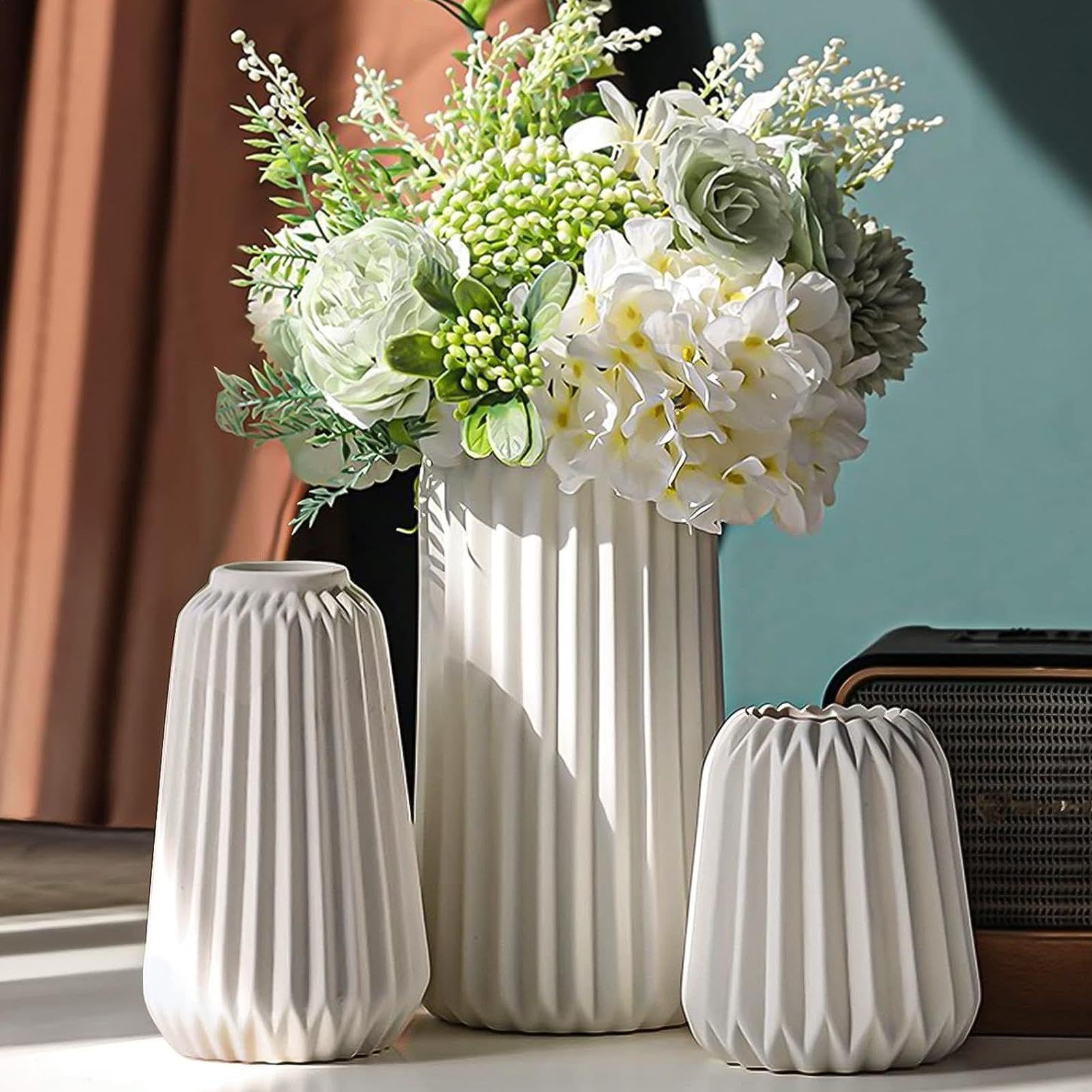 Vasi di fiori in ceramica, vaso in ceramica a costola bianca Set di 3 vasi
