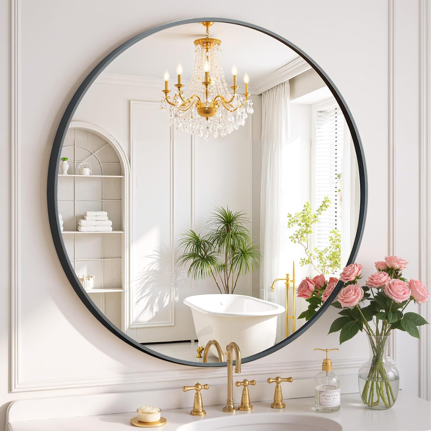 Round Wall Mirror 30 Inch Black Vanity Mirror with Metal Frame, Modern Circle for Bathroom, Entryway, Bedroom, Living Room, Wall Mounted Decorative Mirrors