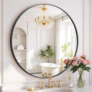Round Wall Mirror 30 Inch Black Vanity Mirror with Metal Frame