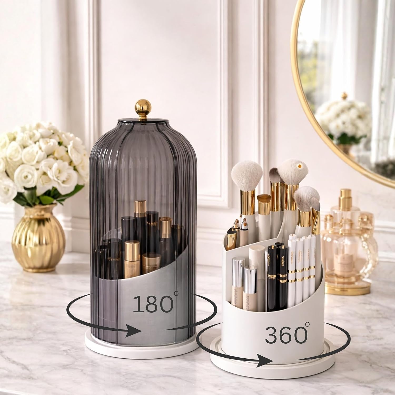 KiZY Luxury 360° Rotating Makeup Brush Holder Organizer | Countertop Organizer Skincare Storage for Vanity, Desktop, Bathroom, Cosmetics | Lipstic, Eyeliners, Perfume Storage. (BLACK DOM)