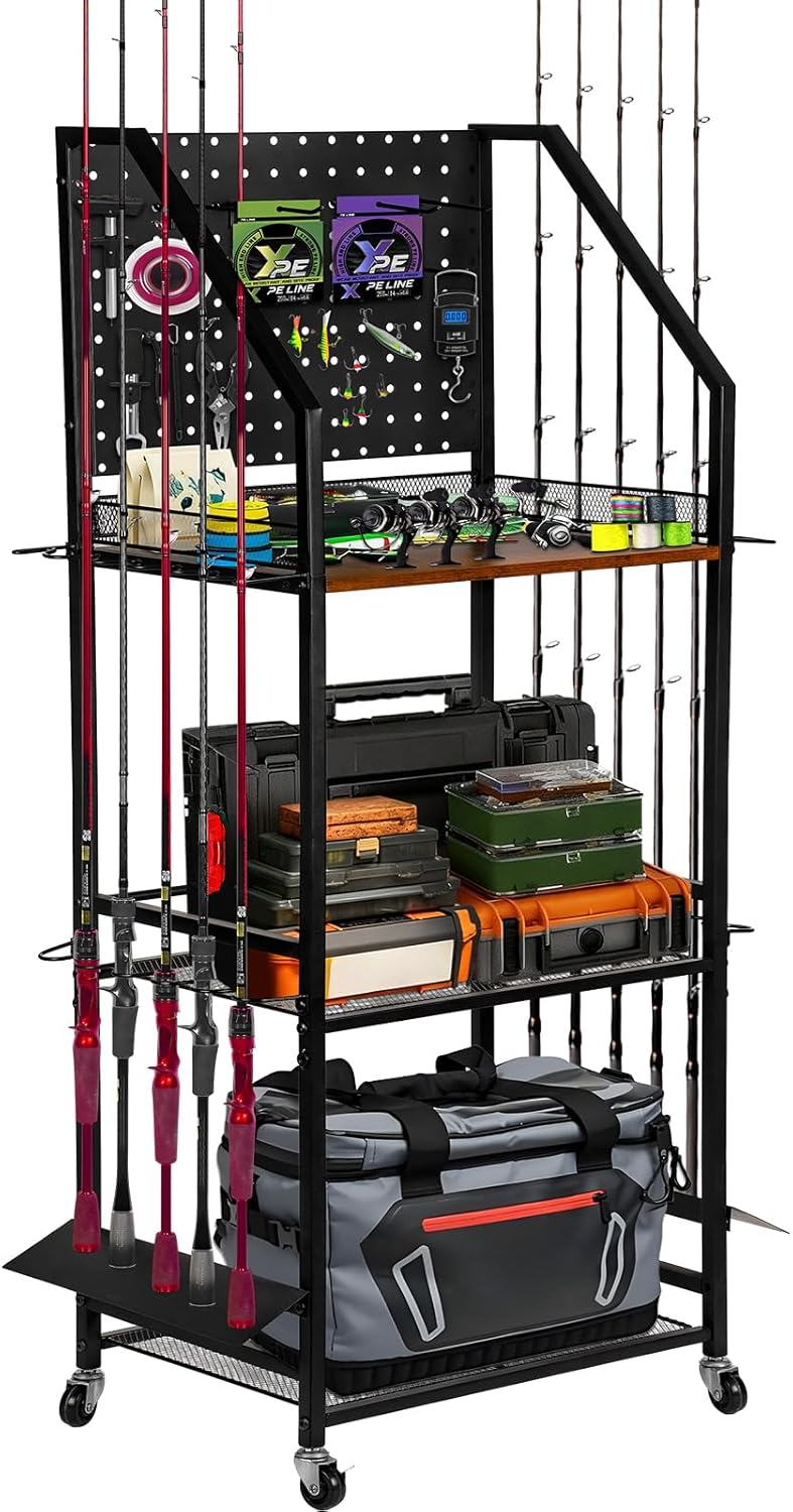 Fishing Rod Holder for Garage Organization, Fishing Rod Rack, Fishing Gear Storage up to 12 Rods with Pegboard & Hooks, Heavy Duty Fishing Cart with Wheels for Fishing Storage,Tackle Box (Large)