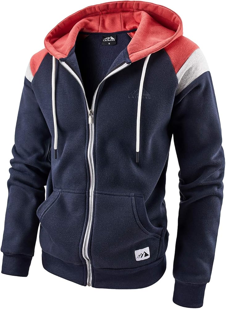 LAIWANG Men's Full Zip Fleece Hoodie zippered Color Block hooded