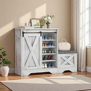 DWVO Farmhouse Shoe Storage Cabinet with Bench, 5-Tier Slim Shoe Cabinet with Adjustable Shelves for 20 Pairs with Sliding Door for Entryway, Hallway, Living Room (Embossed White)