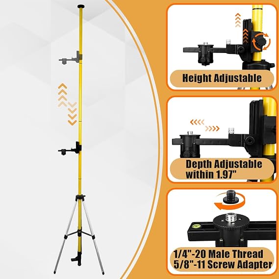 Adjustable Laser Level Pole with Tripod, 12ft Telescopic Mount | Aluminum Alloy Pole with 1/4-20 Thread and 5/8-11 Adapter, Ideal for Rotary and Line Laser Alignment