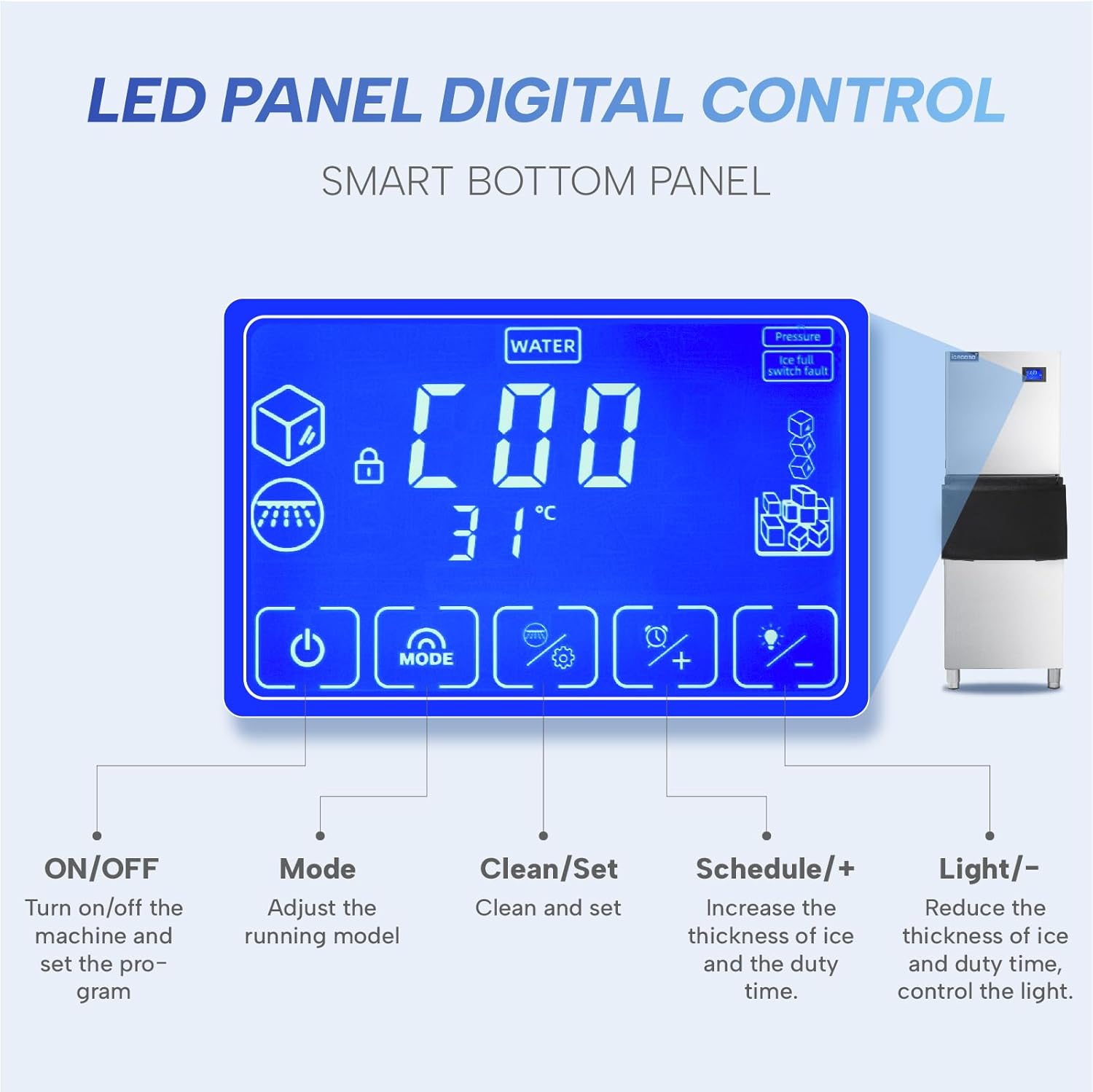 ICECASA Commercial Ice Maker Machine LED digital control panel