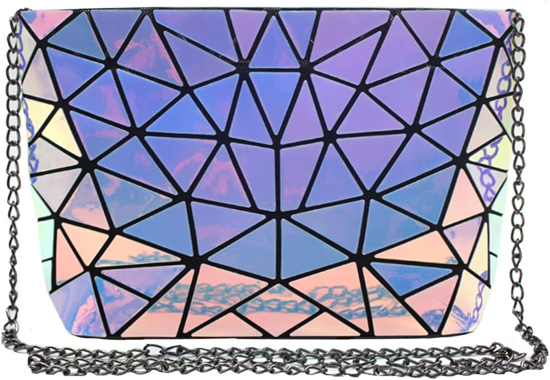 LA HUATELA HAUTE Geometric Luminous Clutch Purse Holographic Pu Leather Shoulder Handbag Laser Chain Crossbody Bag