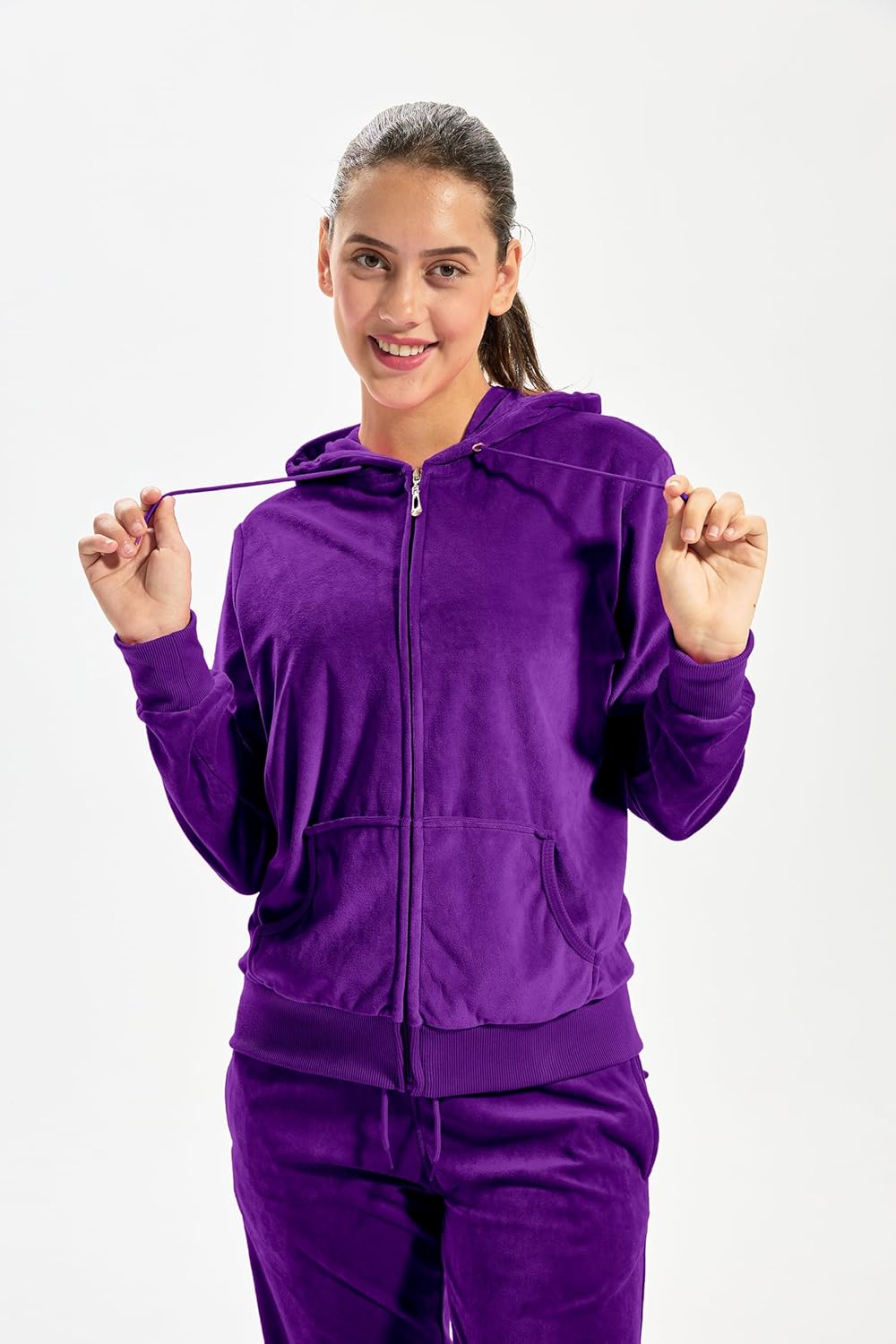 TanBridge Women's 2 Piece Solid Velvet Tracksuit Set Full Zip-up Hooded Sweatshirts & Pants Set - Image 4