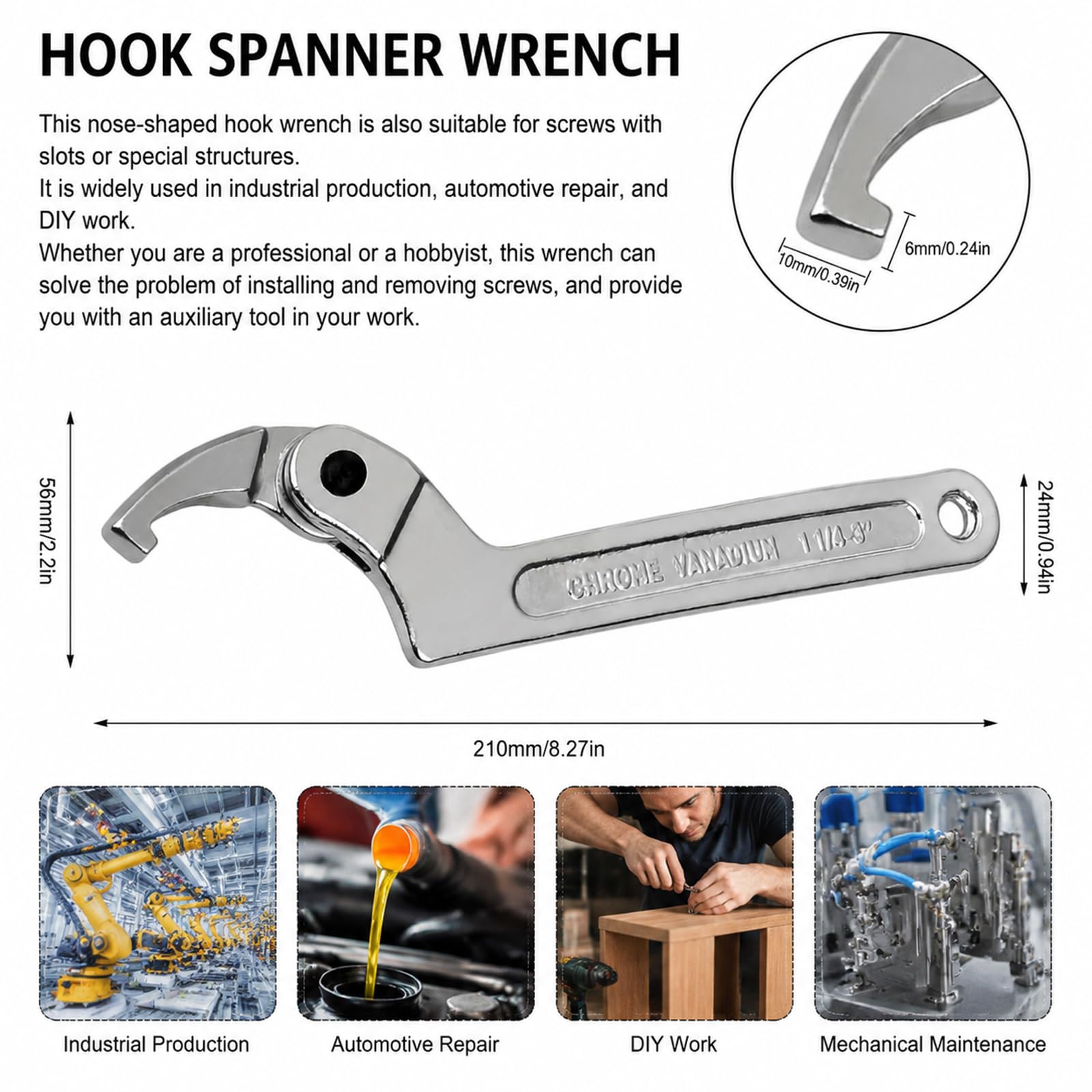 C Llave de Gancho Ajustable, Plateado Llaves Inglesa de Gancho, Cabeza Cuadrada Ajustable 32-76 mm, Llave C Amortiguador de Acero Carbono, para Taller de Producción, Mantenimiento Equipos
