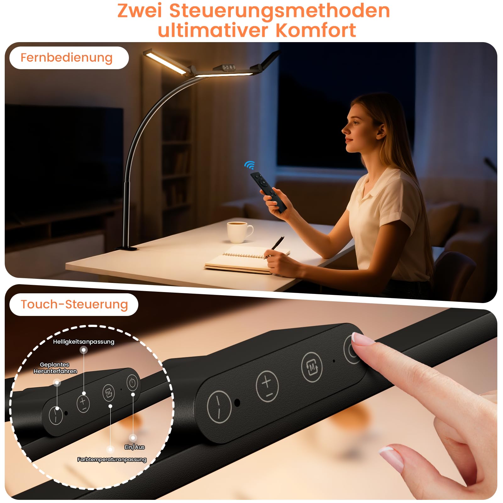 TYEE Schreibtischlampe LED Dimmbar, 24W 3-Lichtbalken LED Schreibtischlampe für Homeoffice, 1500LM Augenschutz Tageslichtlampe mit Fernbedienungen, 5 Farb 5 Helligkeit Büro Tischlampe
