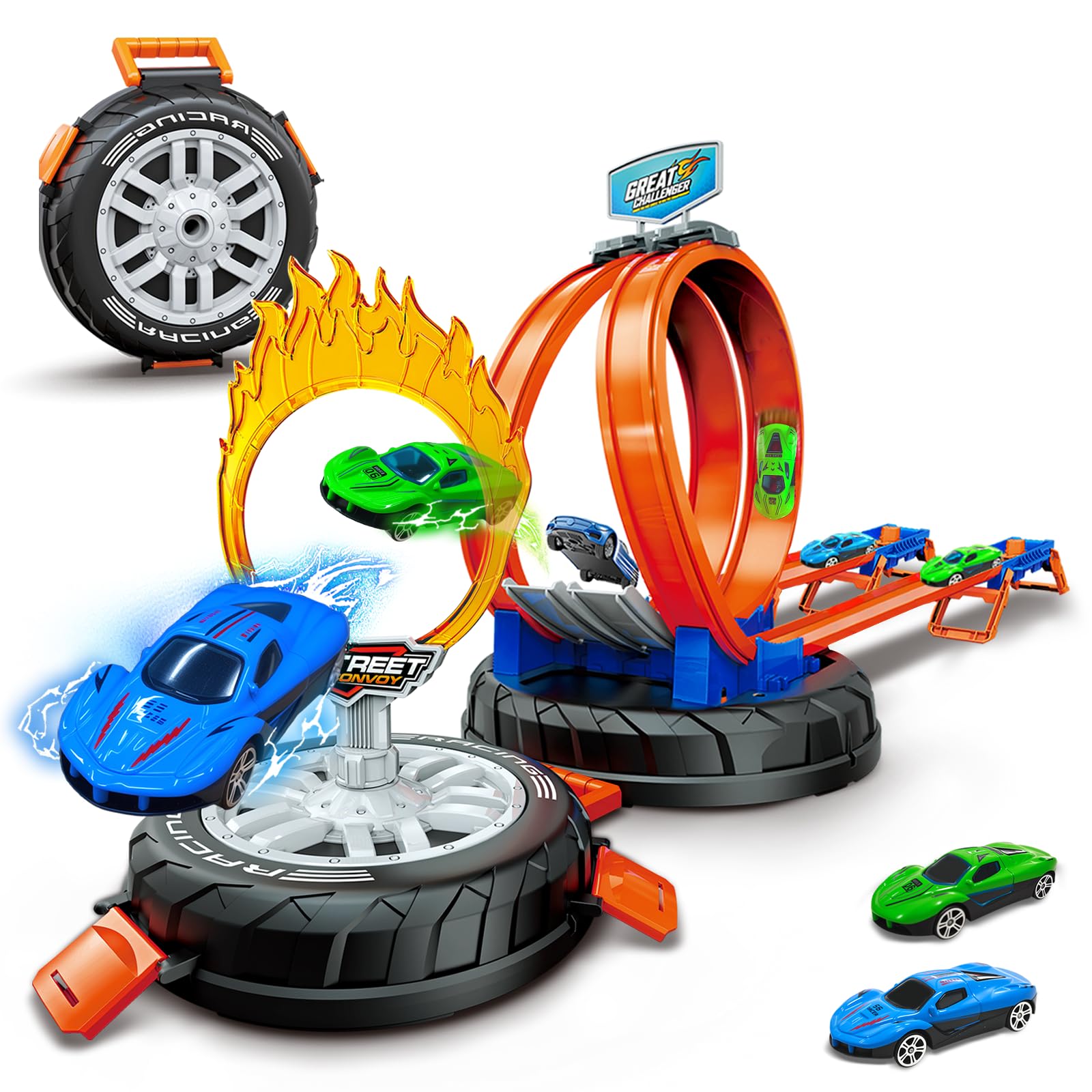 Race Car Track Set for Kids Ages 3-8,Transformable Tire Storage